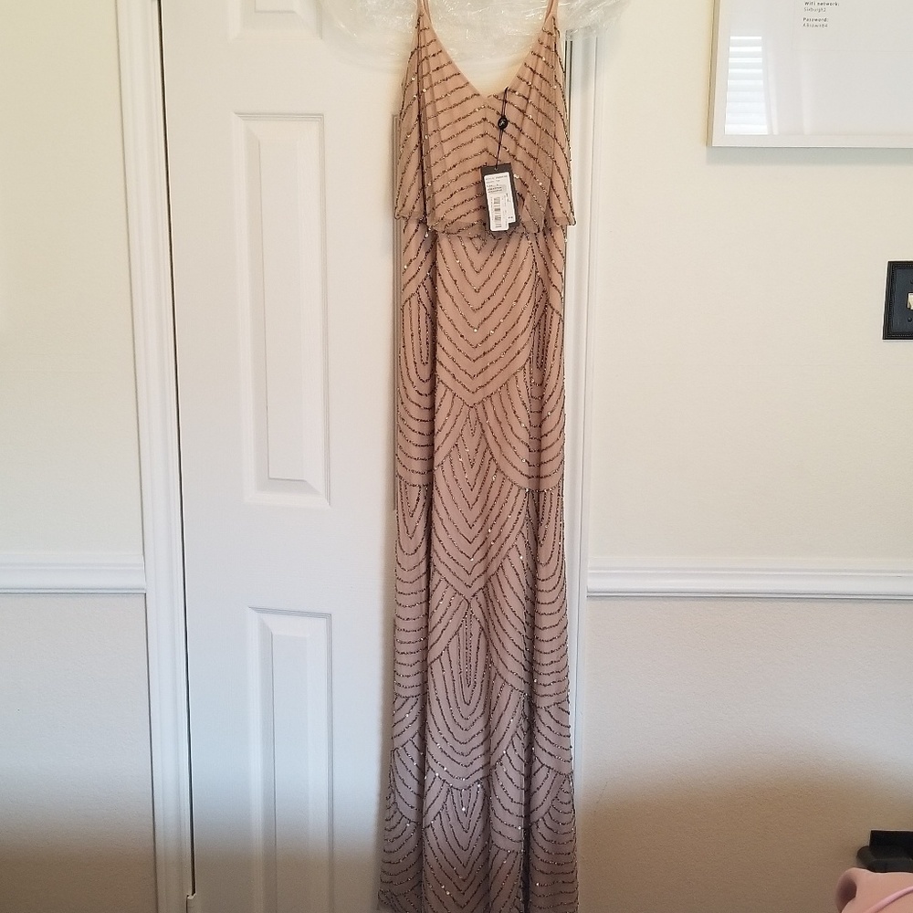 Adrianna Papell Beaded Blouson Dress in Taupe/Nude